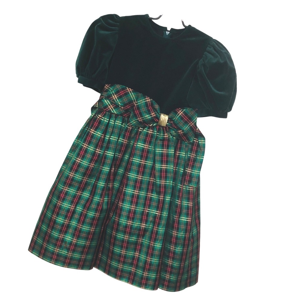 Vintage Sylvia Whyte Bloomingdales Green Velvet Plaid Metallic Dress Girls 7